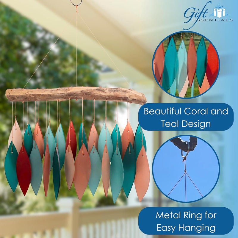 Gift Essentials Blue Handworks Coral and Teal Glass & Driftwood Chime, Sandblasted Glass and Found Wood Handcrafted Wind Chime - Image 2